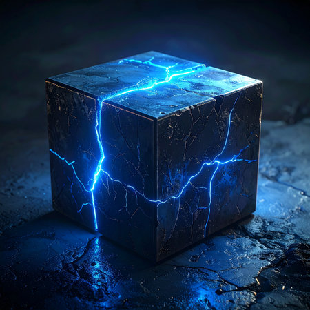 In a dark, forgotten chamber, an ancient cube hums with contained power.の素材