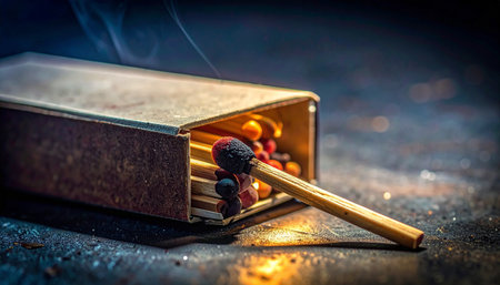 In the surrounding darkness, a single matchstick bursts into life, its bright flame casting a warm, flickering glow.の素材