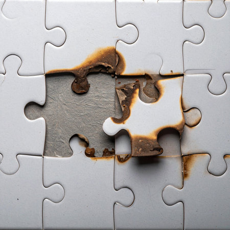 A critical piece of the puzzle is found, but it's been damaged by fire, representing a flawed solution or a traumatic event that prevents completion.の素材