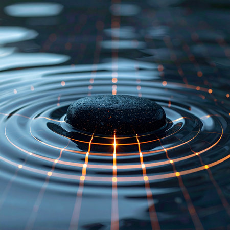 A smooth zen stone rests in calm water, creating a ripple effect that transforms into a glowing digital grid.の素材