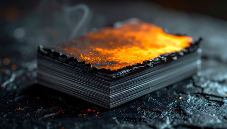A stack of important documents or secret files burns slowly, the edges glowing orange as they turn to black ash.の素材