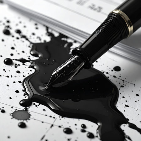 A high-contrast, monochrome image captures the chaotic moment of a black ink spill from a classic fountain pen onto a document.の素材
