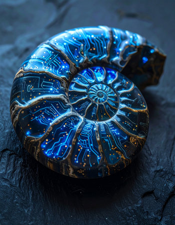 An ancient ammonite fossil is reimagined, its prehistoric spirals now coursing with streams of glowing blue data.の素材
