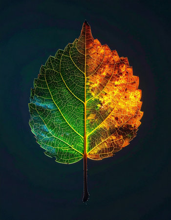 A single leaf, caught between two worlds, glows with vibrant life on one side and the warm decay of autumn on the other.の素材