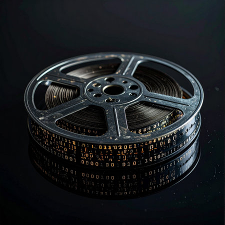 A classic metal film reel, filled with untold stories and memories, rests on a dark, reflective surface.の素材