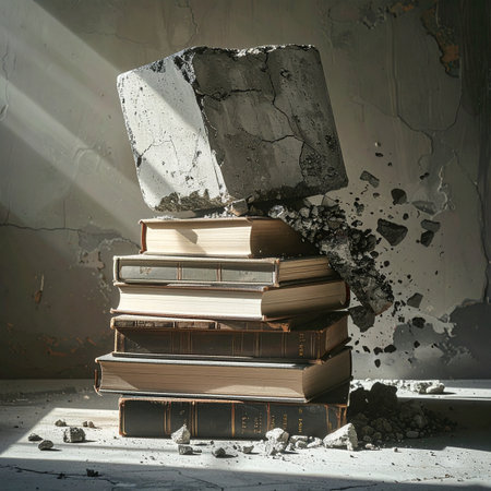 In a dramatic display of force, a heavy concrete block crashes down upon a stack of old books, sending dust and fragments flying.の素材