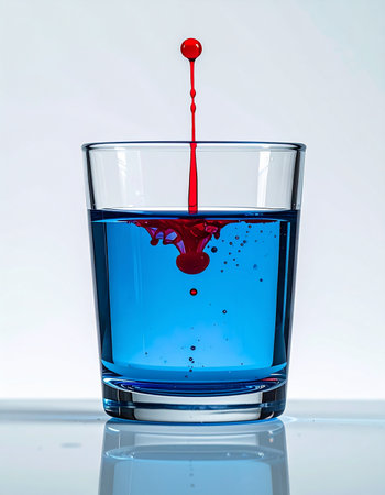 A single, vibrant red drop makes a dramatic impact as it plunges into a glass of cool blue liquid.の素材