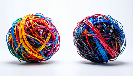 Two intricate spheres formed from a chaotic tangle of colorful wires represent the complexity and interconnectedness of modern global networks.の素材