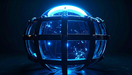 A powerful, unknown energy source hums with vibrant blue light, safely contained within a complex metallic structure.の素材
