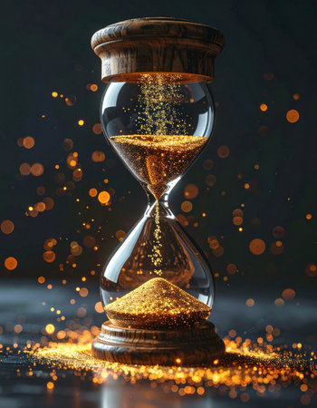 In a dramatic display, a vintage hourglass measures the passage of time with sparkling golden sand.の素材