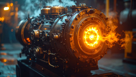 In the heart of a futuristic factory, a powerful fusion engine hums to life.の素材