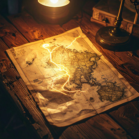Under the warm glow of a desk lamp, an ancient map unfolds on a rustic wooden table.の素材