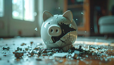 A ceramic piggy bank lies shattered on the floor, its contents spilled amidst the debris.の素材