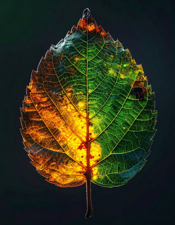A single leaf, caught between seasons, glows with vibrant life.の素材