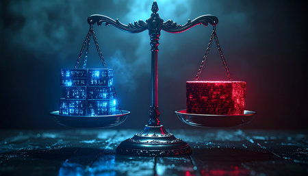 In a dramatic, dimly lit space, the scales of justice weigh two powerful forces. On one side, a glowing blue cube represents the immense power of data and technology.の素材