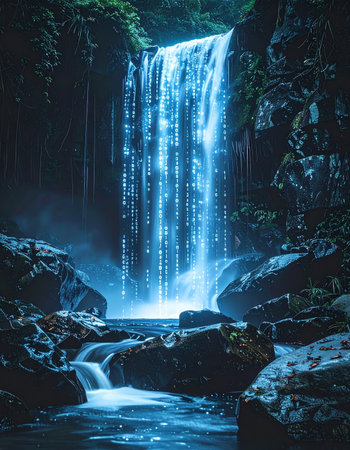 In a hidden, ancient forest, a mystical waterfall cascades not with water, but with streams of glowing digital code.の素材