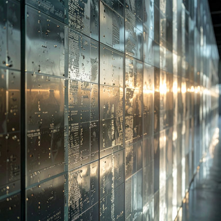 A gleaming metallic wall, etched with complex, circuit-like patterns, catches the warm glow of a rising sun.の素材