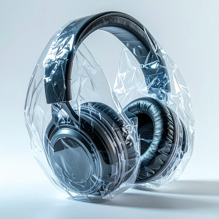 A pair of brand new black headphones, still sealed in their protective plastic packaging.の素材