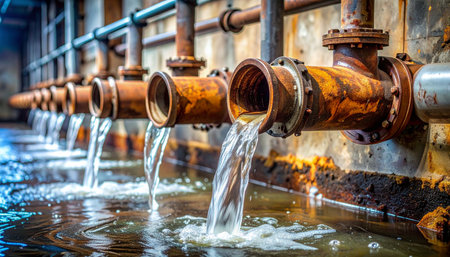 In the heart of an old factory, a row of weathered and corroded pipes tirelessly discharges a steady stream of water.の素材