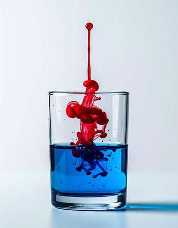 A vibrant drop of red ink pierces the surface of calm blue water, creating a dynamic and chaotic splash.の素材