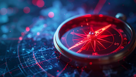 A glowing red compass provides direction across a complex, futuristic map of digital data.の素材