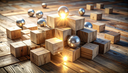 A dynamic arrangement of wooden cubes and reflective metal spheres rests on a rustic wooden floor.の素材