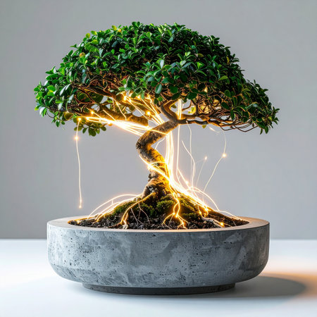 A miniature bonsai tree sits in a stone pot, its ancient trunk and roots illuminated from within by a vibrant, flowing energy.の素材