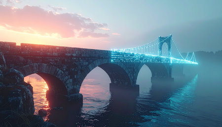 An ancient stone bridge stands as a testament to history, while a luminous digital network flows over it, connecting the past to the future.の素材