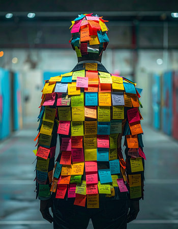 From behind, a person is completely obscured by a cascade of colorful reminder notes, each one a task, an idea, or a message.の素材