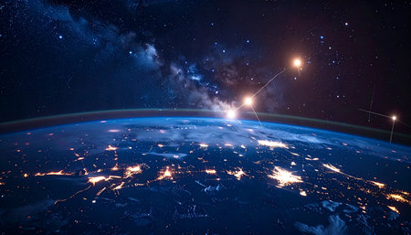 From the silent vantage of orbit, planet Earth glows with the intricate web of a global communication network.の素材
