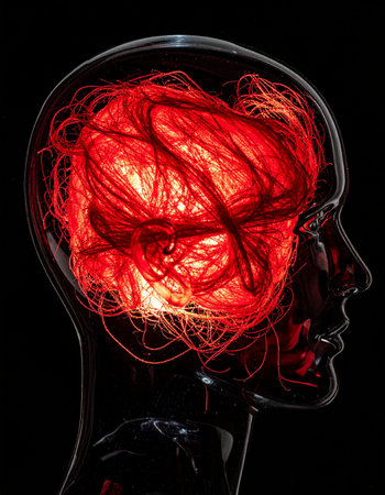 A transparent head reveals the intricate and glowing red neural pathways of a brain in overdrive.の素材