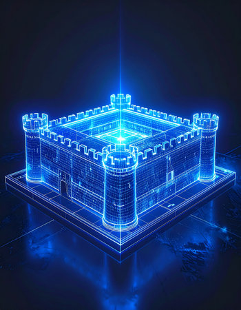A luminous blue hologram of a fortress materializes from a digital grid, its central core pulsing with energy.の素材