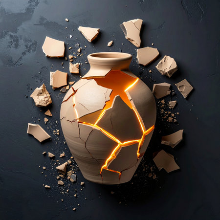 A shattered ceramic vase is pieced back together, its cracks filled not just with gold but with a warm, internal light.の素材