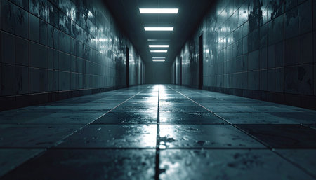 A single point of light beckons from the end of a long, dark, and wet corridor.の素材