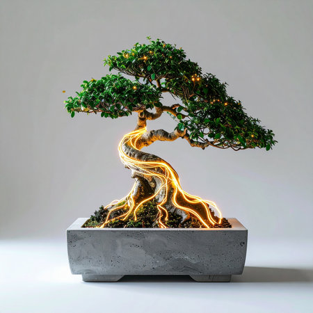 A miniature bonsai tree stands in a modern concrete pot, its ancient form infused with a futuristic twist.の素材