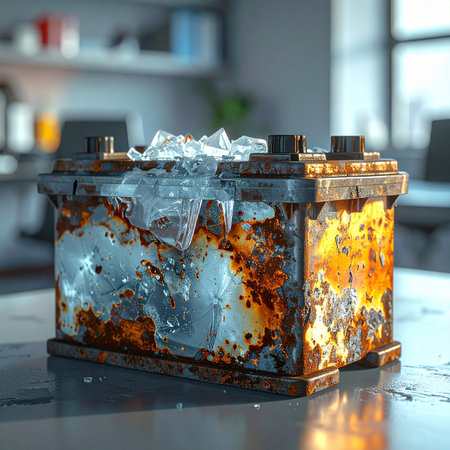 A powerful symbol of energy failure, this old, corroded car battery sits abandoned and encased in a thick layer of ice.の素材