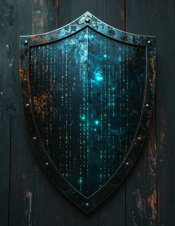 An ancient, battle-worn shield is reimagined as the ultimate digital firewall.の素材