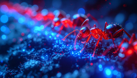 A colony of ants marches in unison along a glowing digital trail, illuminated by vibrant blue and red neon lights.の素材