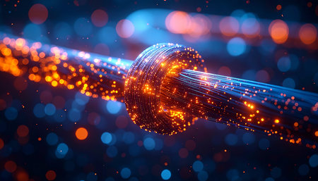 A glowing bundle of fiber optic cables is tied in a tight knot, a powerful visual metaphor for a data bottleneck, network congestion, or a complex technological problem.の素材