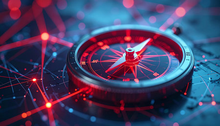 A futuristic compass glows with red light, its needle pointing the way forward through a complex, interconnected network of data.の素材