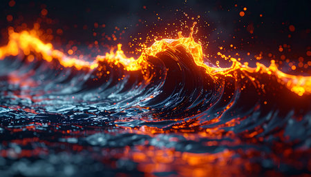 In a realm where opposites collide, waves of liquid fire crash against a cold, dark sea.の素材