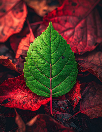 In a sea of crimson and rust, a single green leaf rests, a vibrant symbol of life and resilience.の素材