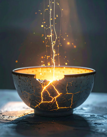 In a moment of quiet magic, liquid golden light pours from above, mending the cracks of a broken ceramic bowl.の素材