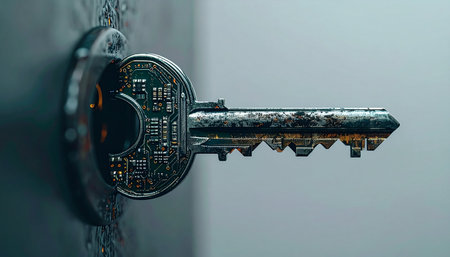 A futuristic smart key, embedded with a visible circuit board, is inserted into a lock.の素材