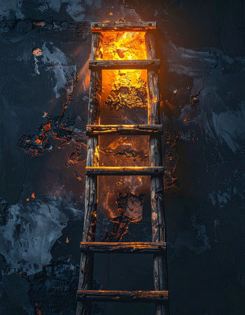 A mysterious wooden ladder burns from within, its rungs glowing like embers against a dark, abstract background.の素材