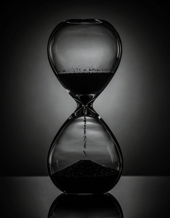 In a dramatic black and white scene, sand slips through the narrow neck of a classic hourglass, a powerful visual metaphor for the relentless and inevitable passage of time.の素材