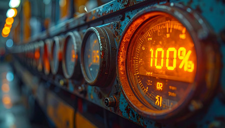 In the heart of a high-tech facility, a row of digital gauges monitors critical systems. One display glows brightly, indicating 100% performance has been achieved.の素材