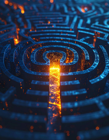 A glowing, fiery path cuts directly through the center of a complex, dark maze, symbolizing a powerful breakthrough or innovative solution.の素材