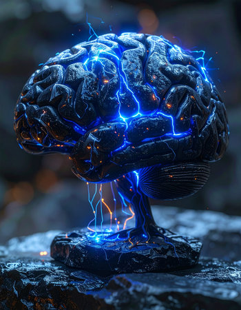 A powerful cybernetic brain, a relic of advanced technology, pulses with vibrant blue electrical energy.の素材