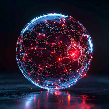 A luminous sphere pulsates with energy, its intricate internal network of glowing red nodes representing the complex connections of an artificial intelligence brain.の素材